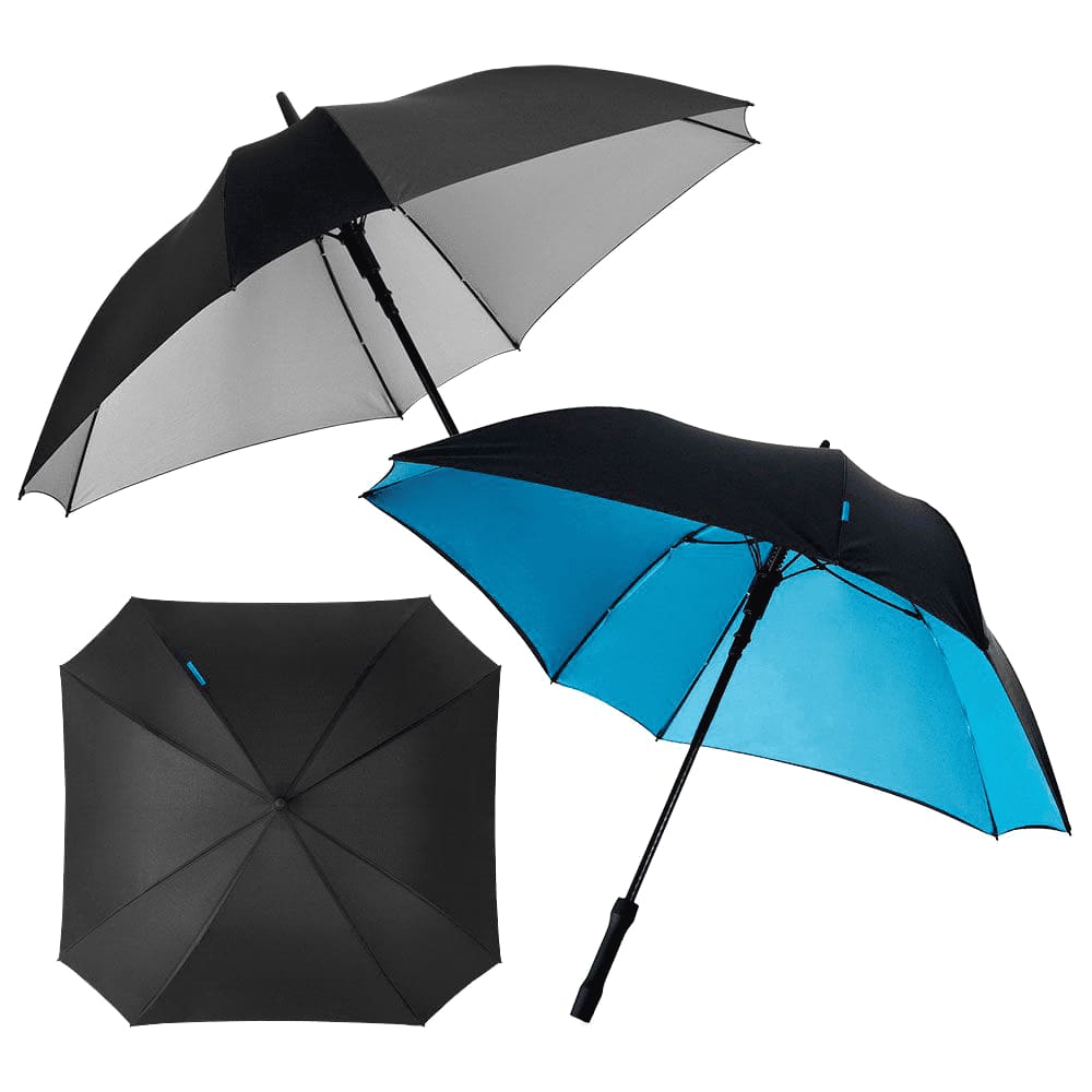 Two square automatic umbrellas, one with a black exterior and turquoise interior, and one with a black exterior and grey interior.