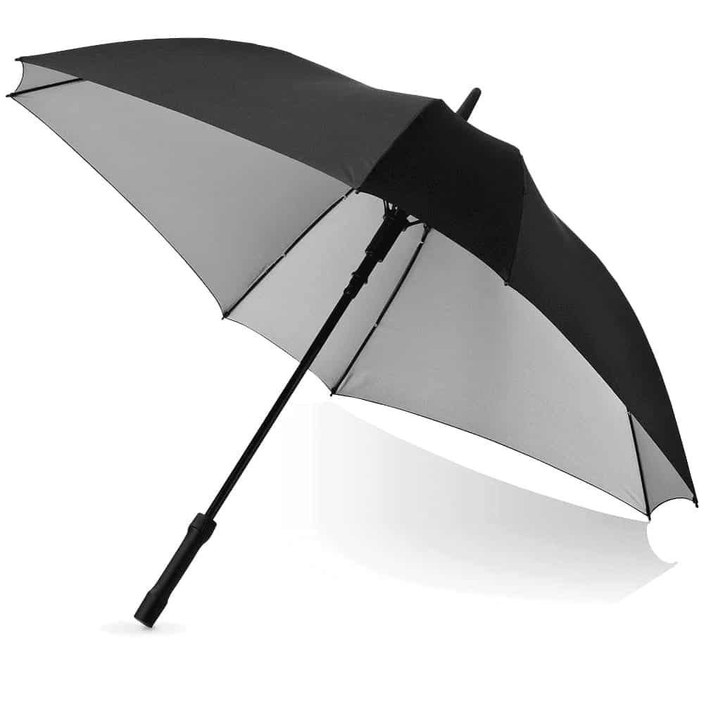 A square automatic umbrella featuring a black exterior and a vibrant blue interior, with a textured handle and branding.