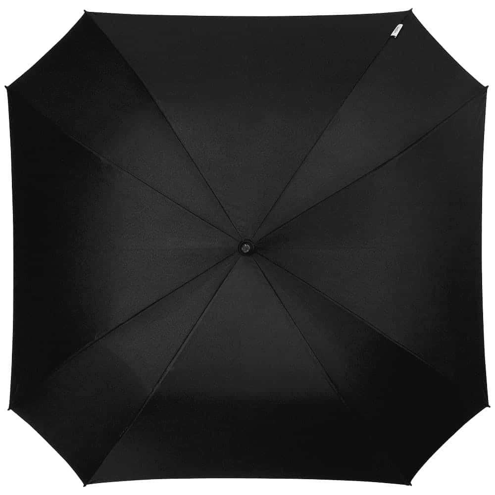 A black and silver automatic umbrella with a straight handle and a logo on the shaft.