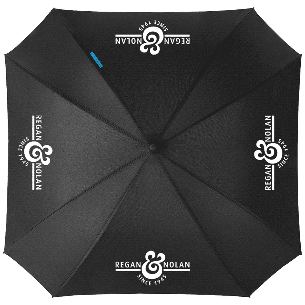 A square automatic umbrella in solid black, featuring a central button mechanism and a subtle logo.