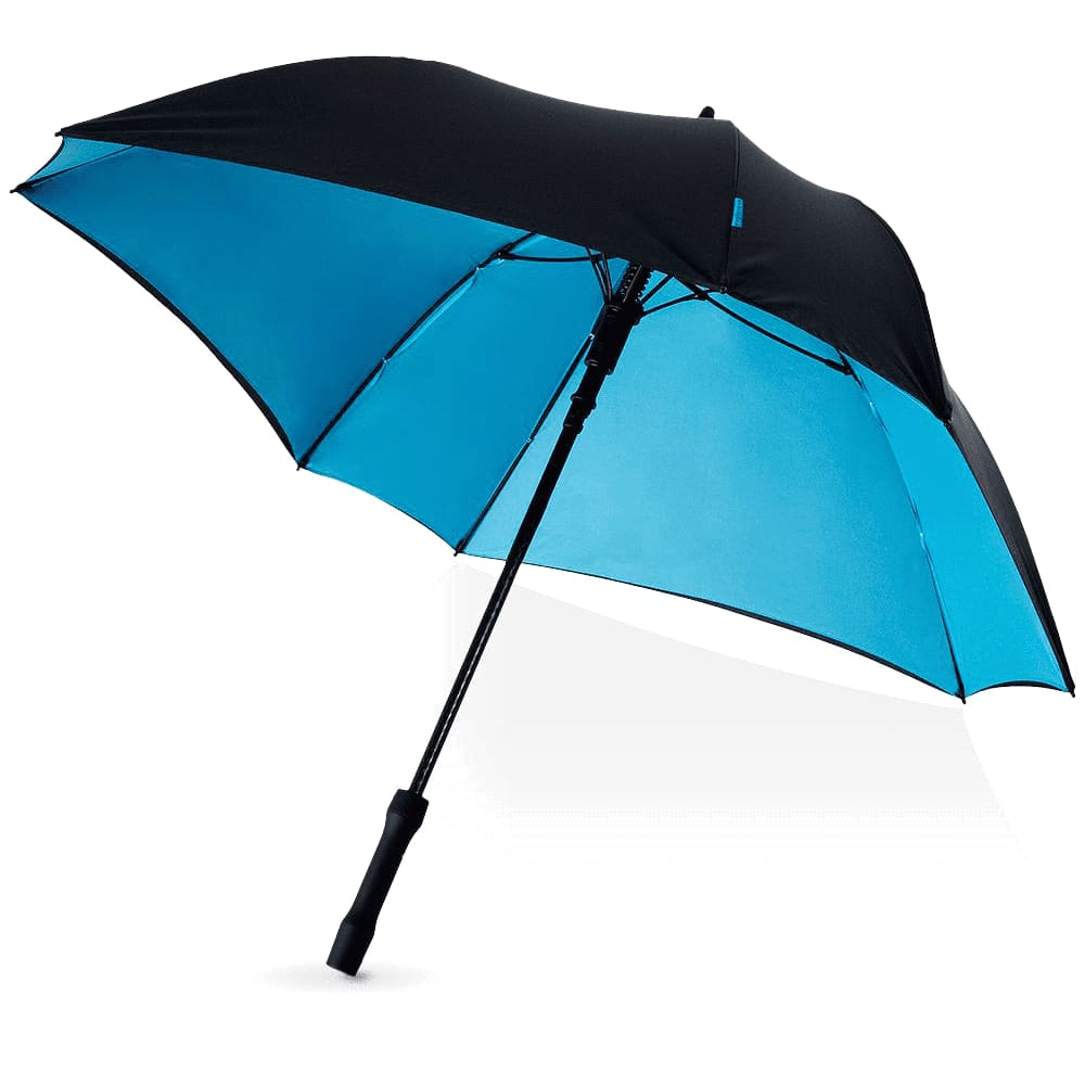 A square automatic umbrella featuring a black exterior and a vibrant blue interior, with a handle and a logo.