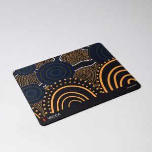 A mouse mat featuring an indigenous-inspired design with vibrant patterns in blue, orange, and white. It has a logo.