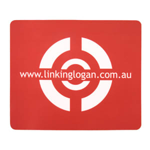 A red mouse mat featuring a circular design and a logo. Dimensions are 230mm x 190mm.