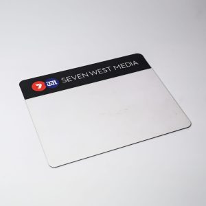 A rectangular mouse mat in black and white, featuring a logo and a blank surface for personalisation.