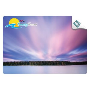 A mouse mat featuring a serene landscape with a soft gradient of purple and blue, and a logo in the corner.