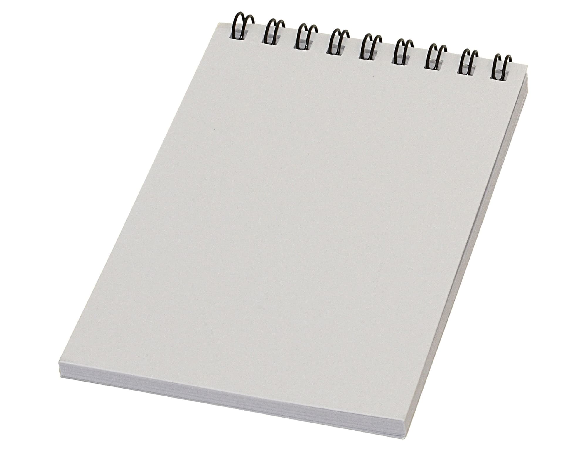 A spiral notebook with a grey cover and blank pages, showcasing a simple and functional design.