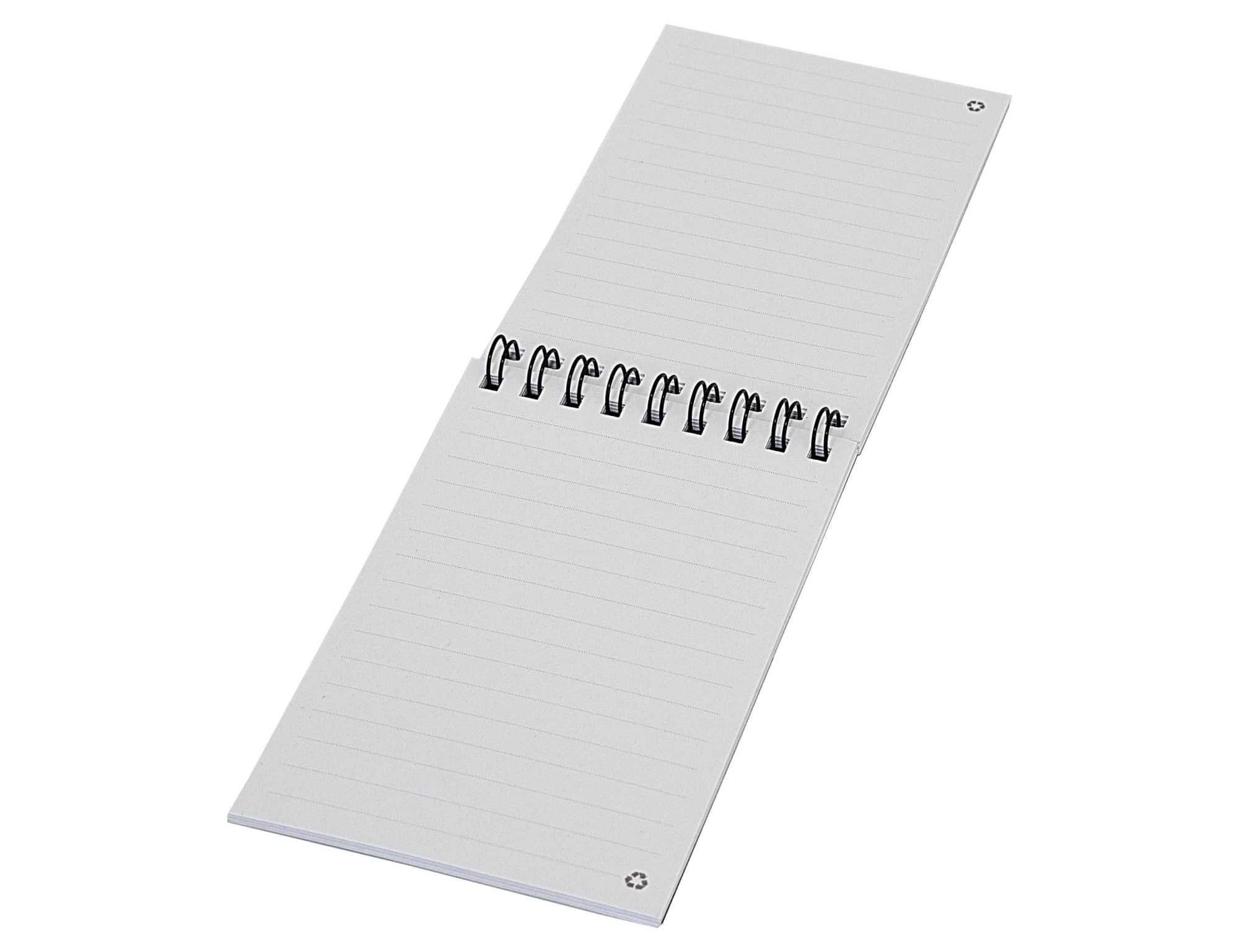 A pocket spiral notebook with white lined pages and a metal spiral binding. It includes a logo on the cover.