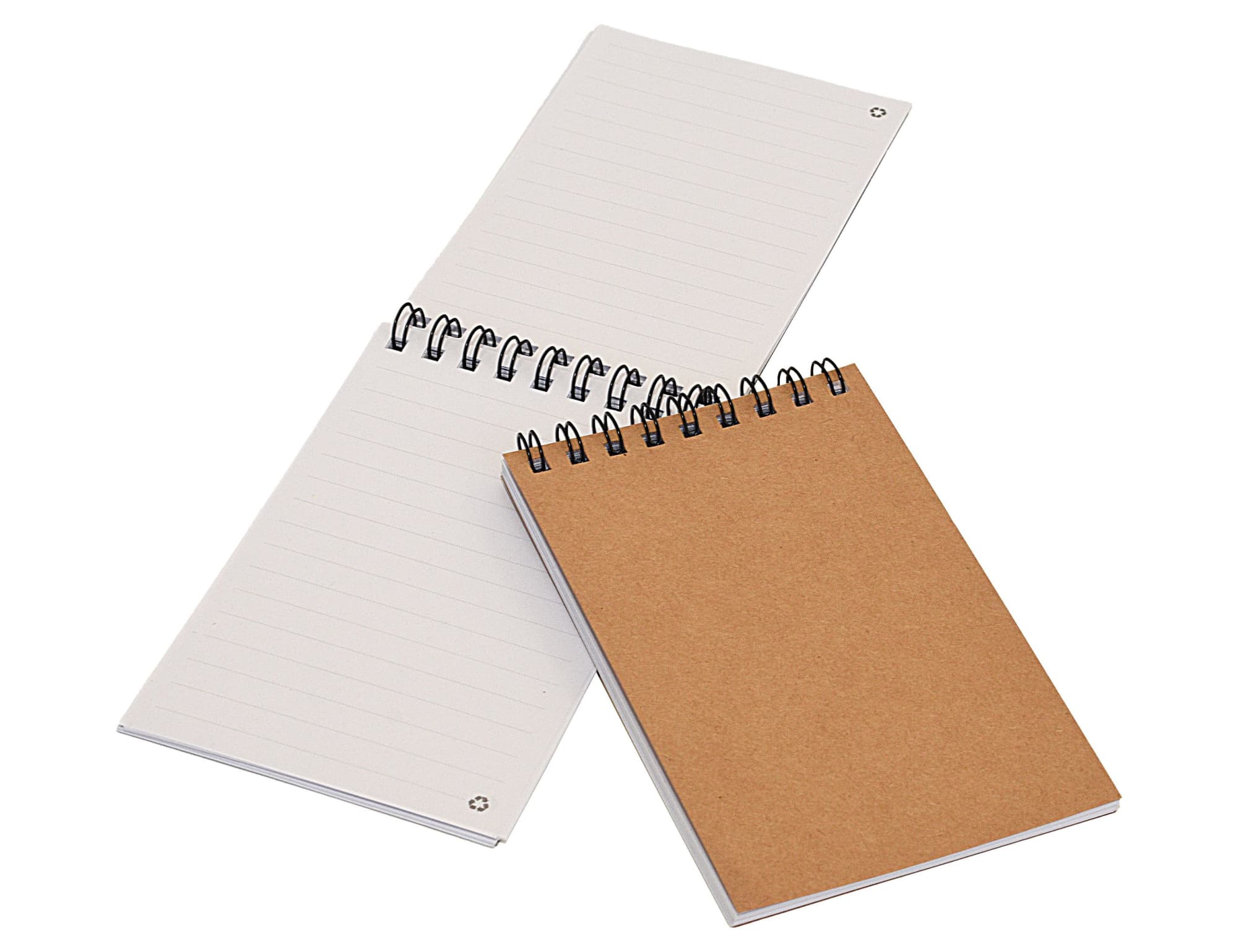 Two pocket spiral notebooks in natural and white colours, one with lined pages and one with a plain cover.