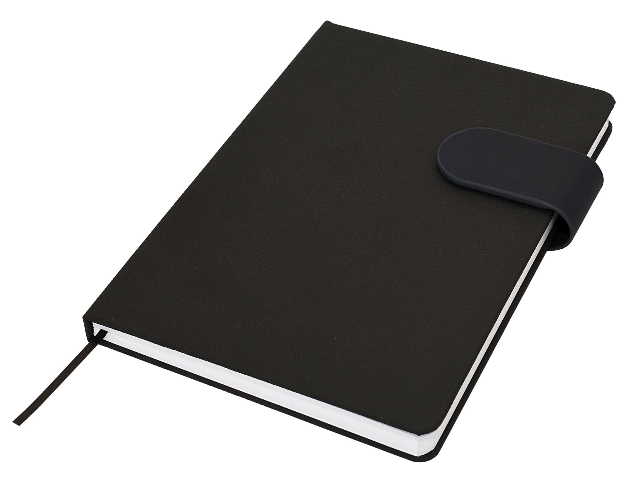 A black A5 notebook with a clasp closure and a ribbon bookmark. It features a minimalist design.