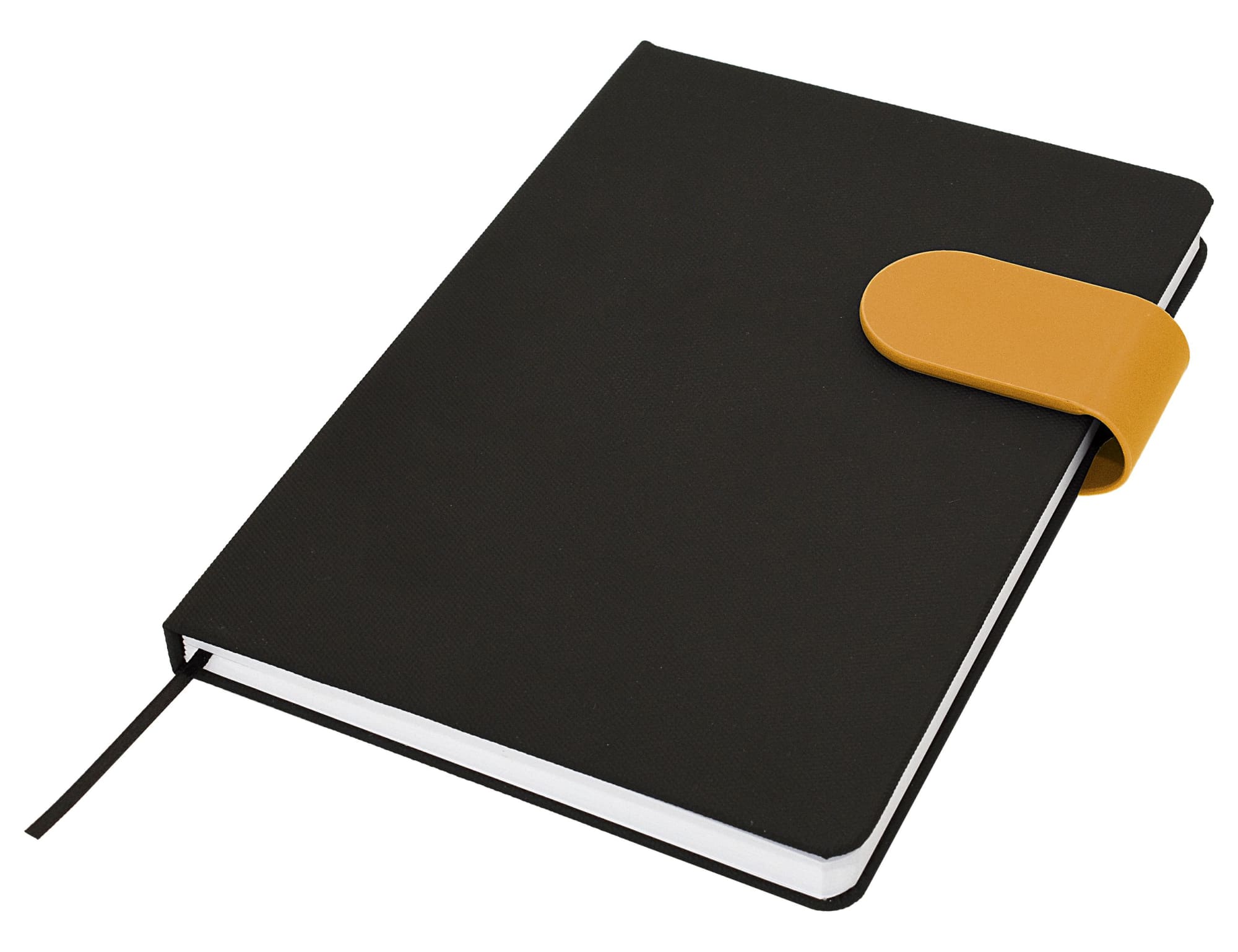 A black A5 notebook with a yellow elastic closure and a ribbon bookmark, featuring a logo on the cover.