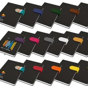 A collection of black A5 notebooks featuring various coloured bands and logos on the covers.