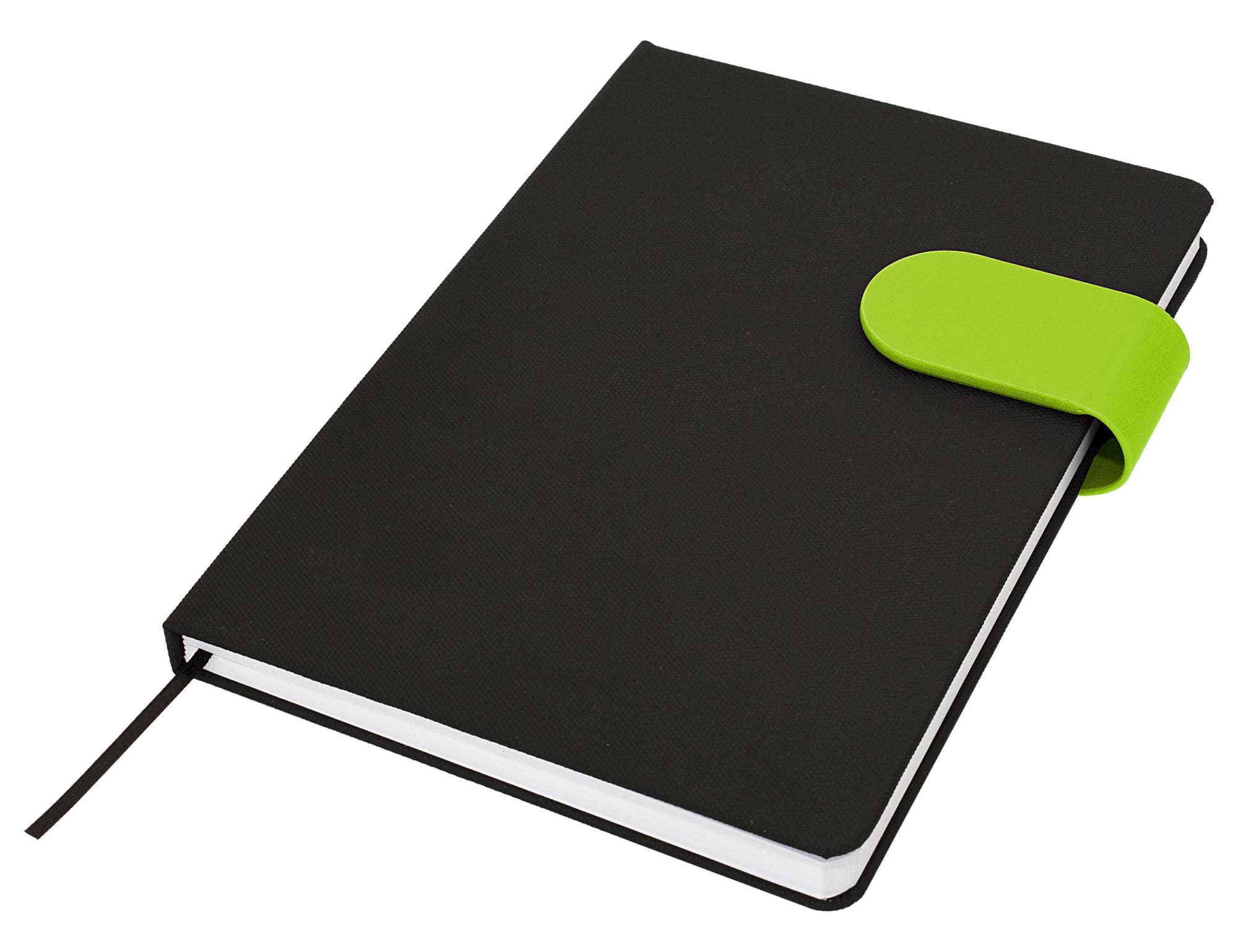 A black A5 notebook with a green elastic closure, featuring a ribbon marker and a smooth finish.