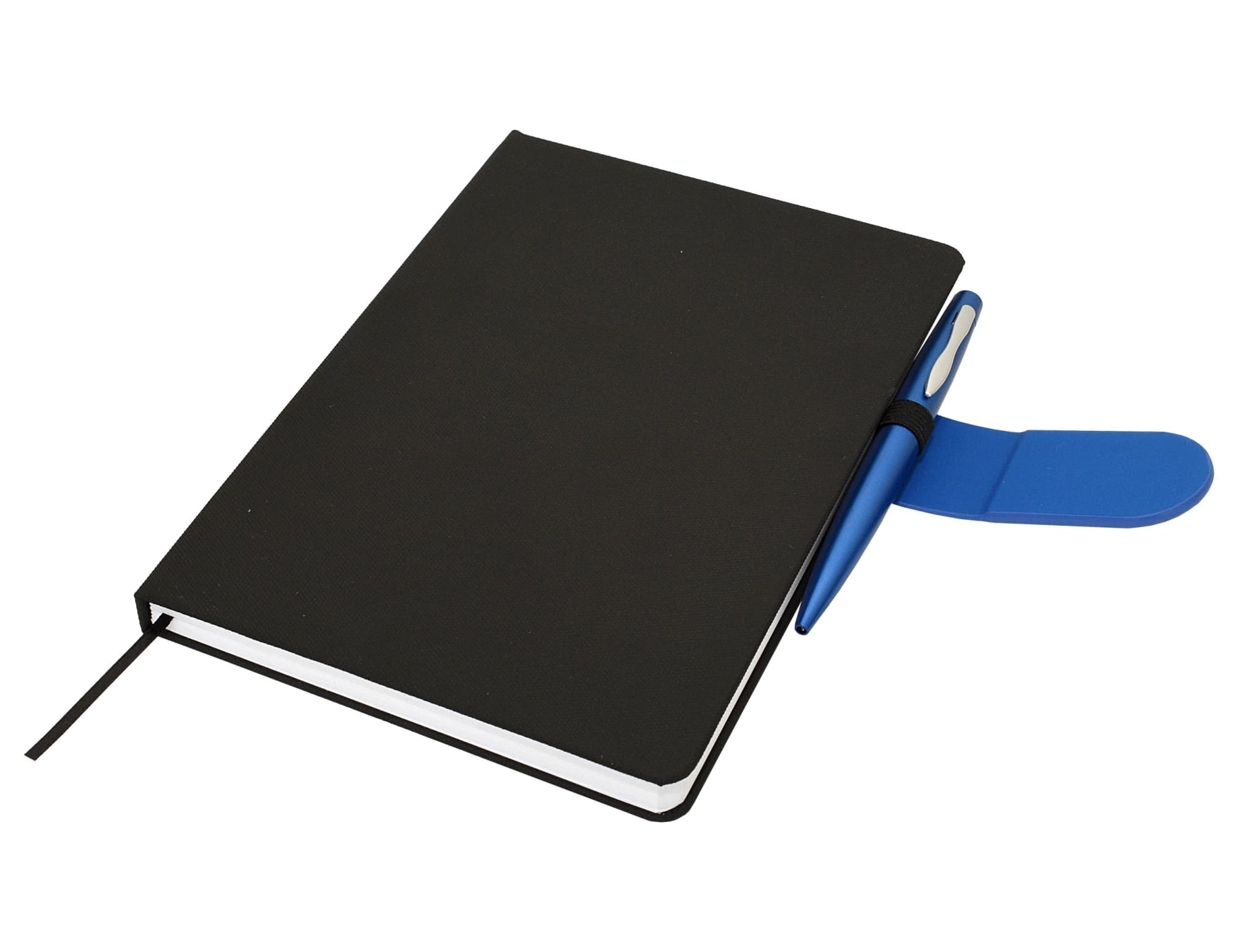 A black A5 notebook with a blue pen attached, featuring a bookmark and an elastic band.
