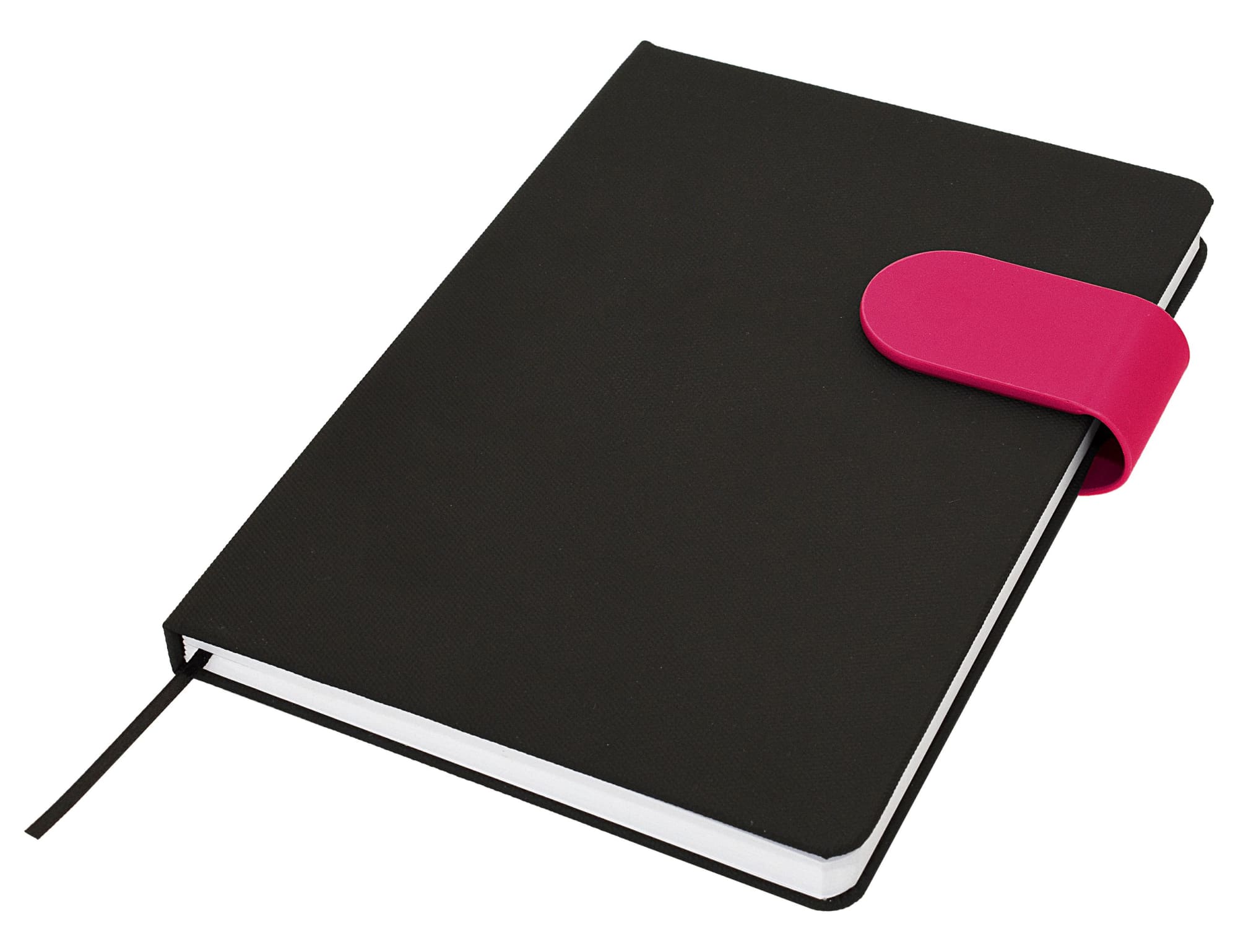 A black A5 notebook with a pink elastic closure, featuring a ribbon bookmark and a textured cover.