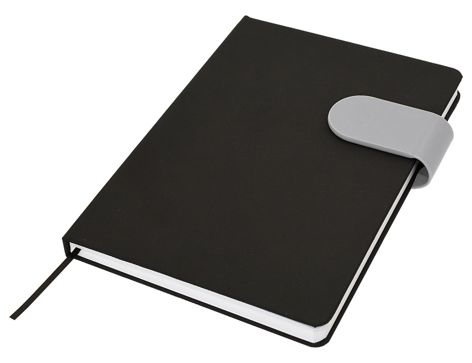 A black A5 notebook featuring a grey elastic closure, with a ribbon bookmark and blank pages.