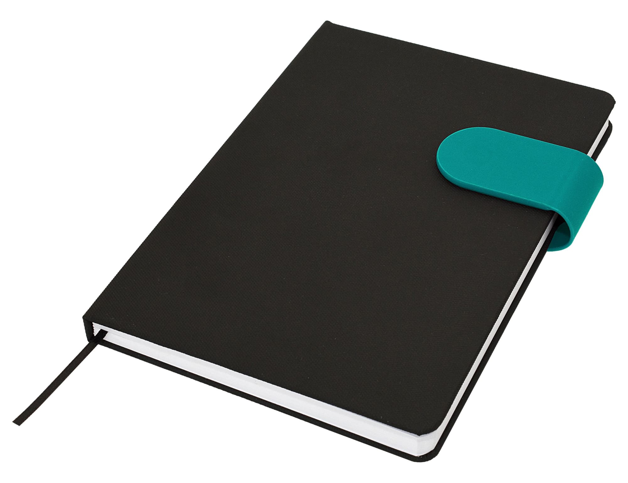 A black A5 notebook with a turquoise elastic band closure and a ribbon bookmark. It features a logo on the cover.