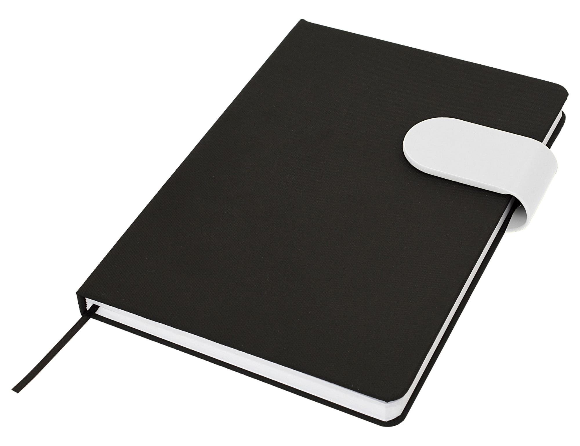 A black A5 notebook with a white closure and a ribbon bookmark, featuring a logo on the cover.