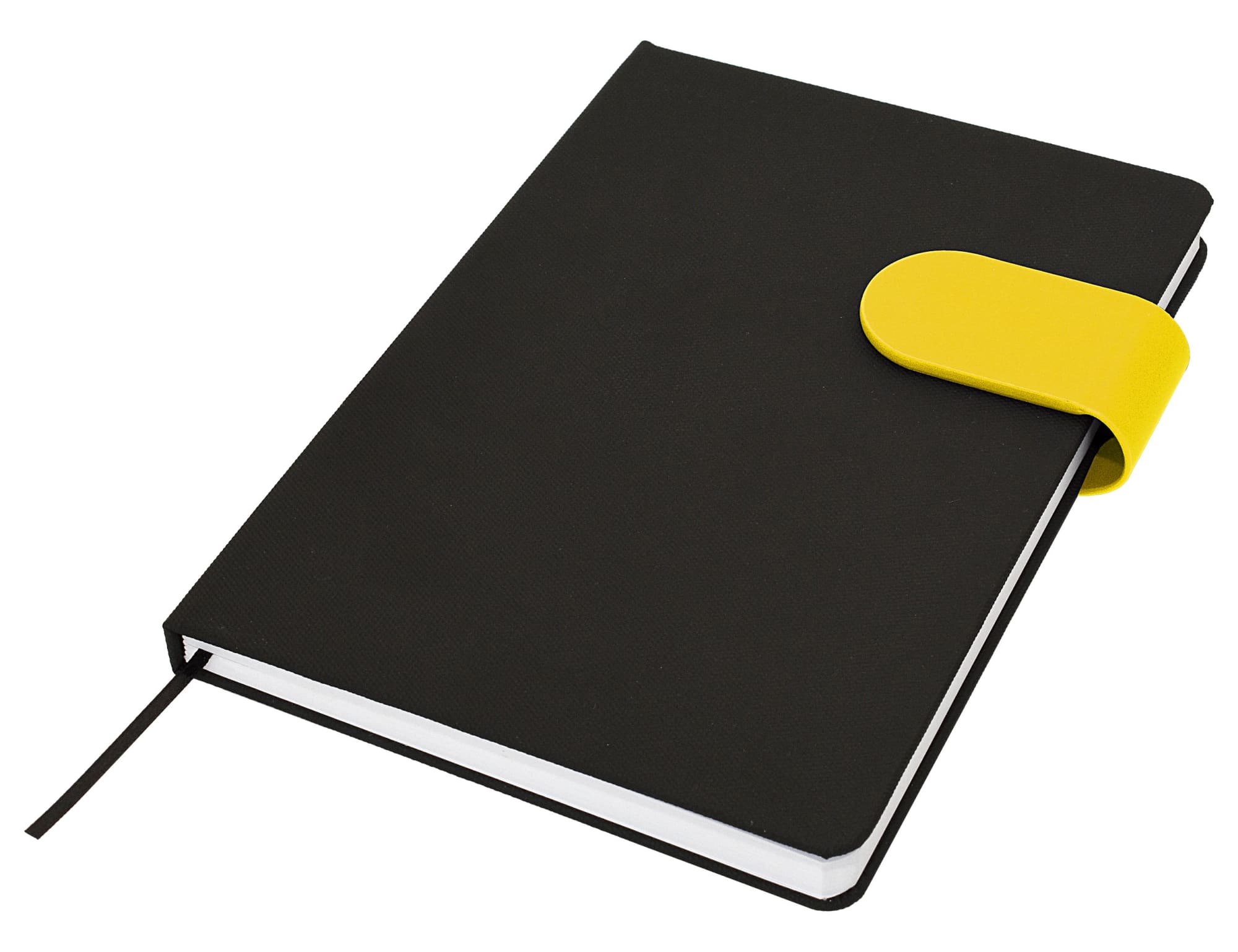 A black A5 notebook with a yellow elastic band closure and white pages. It features a branding logo.