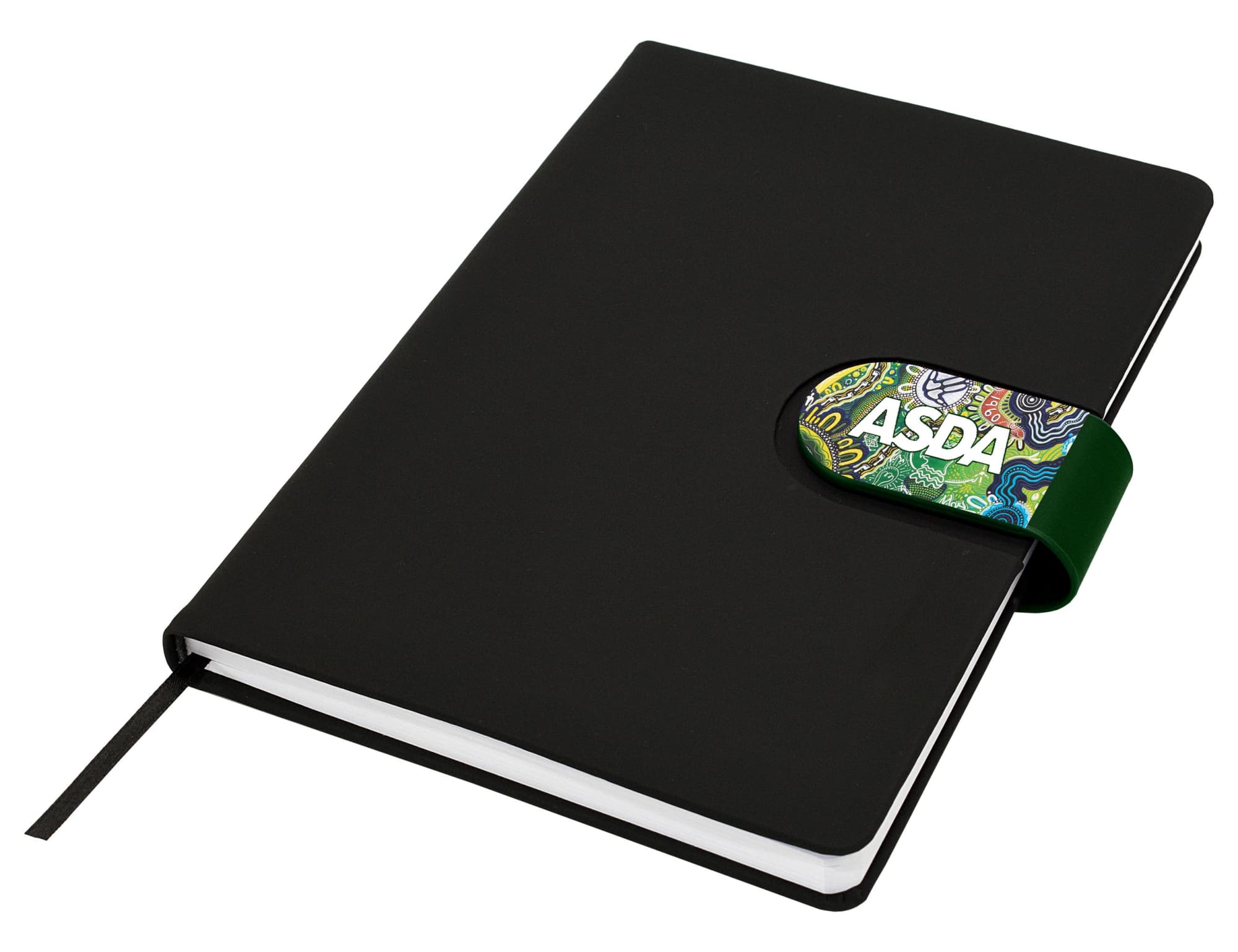 A black Cordoba A5 notebook with a decorative elastic band and a logo. The notebook features a plain cover and a ribbon bookmark.