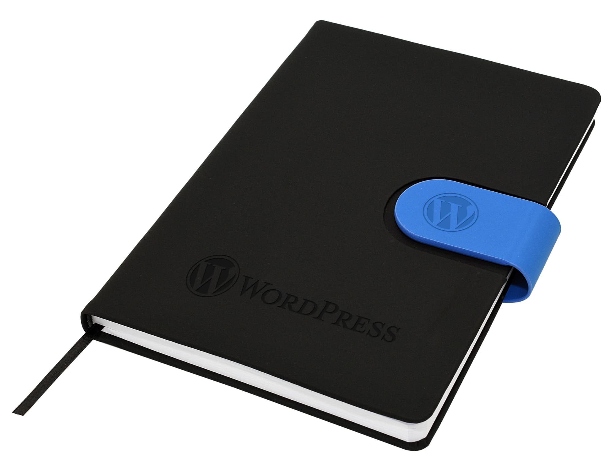 A black Cordoba A5 notebook featuring a blue elastic band and a logo on the cover.