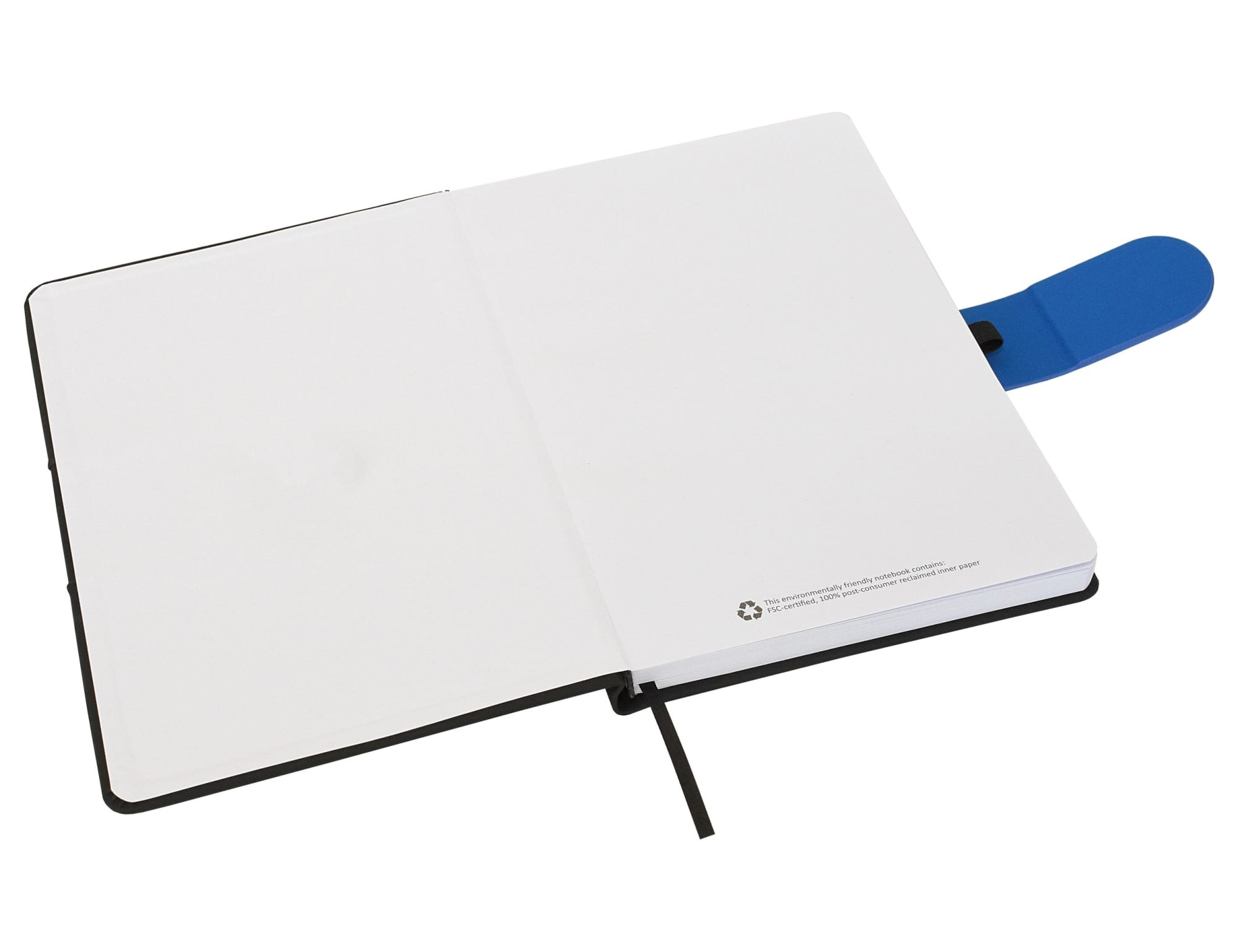 An A5 notebook with a black cover, blue elastic band closure, and blank white pages inside.