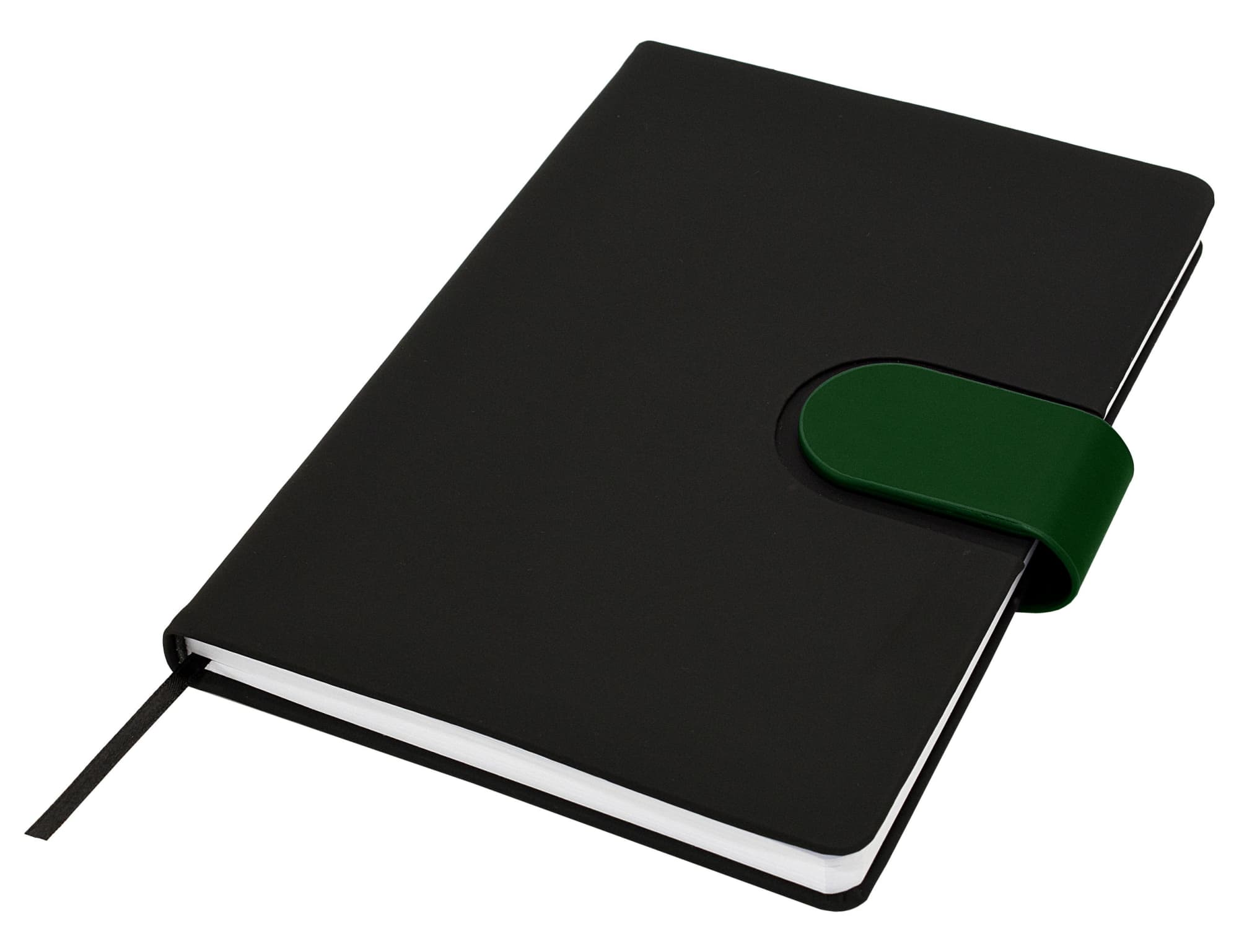 A black notebook with a green elastic closure and a ribbon marker, featuring a logo on the front.