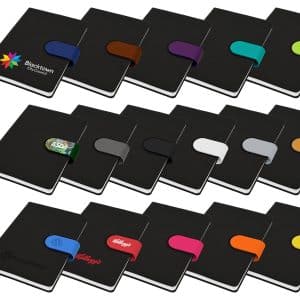 A collection of black Cordoba A5 notebooks with various coloured bands and logos displayed on the covers.