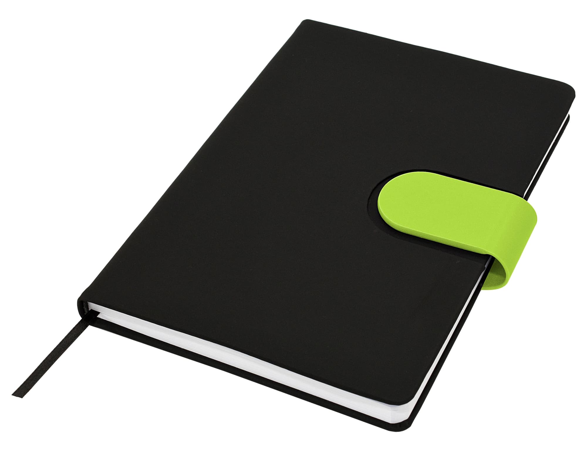 A black notebook with a green elastic closure, featuring a ribbon bookmark and blank pages inside.