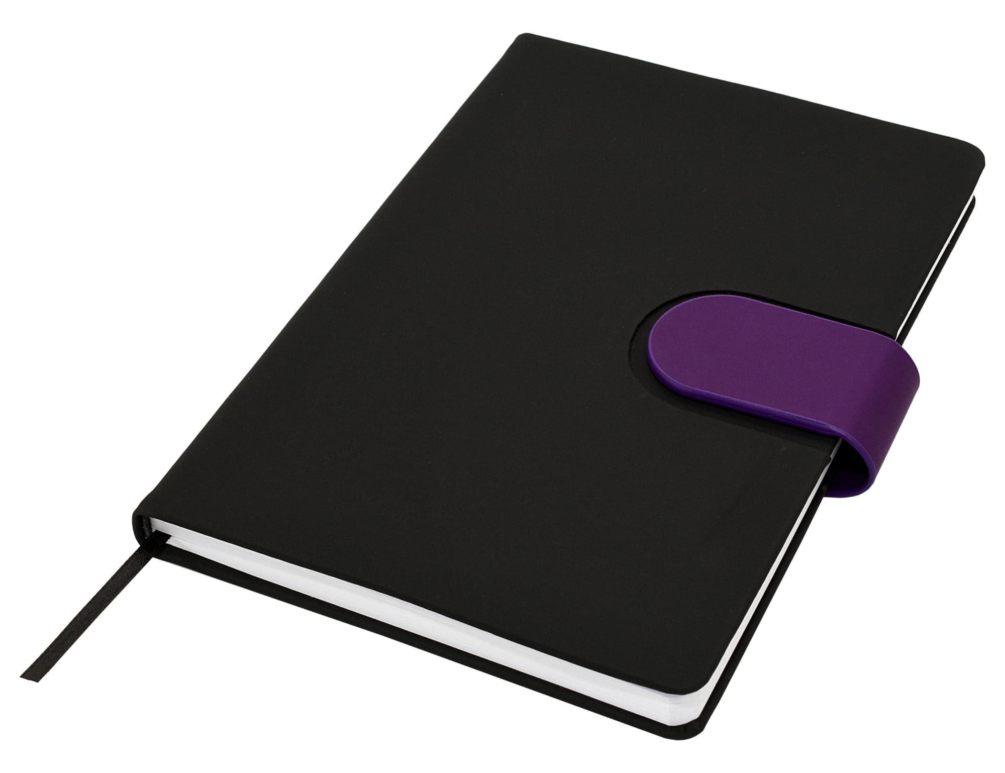 A black notebook with a purple elastic band closure, featuring a ribbon bookmark and an embossed logo.