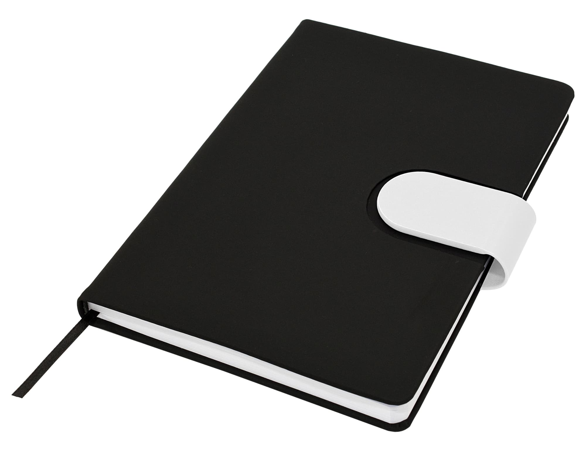 A black A5 notebook with a contrasting white clasp and an elastic closure, featuring a ribbon bookmark.