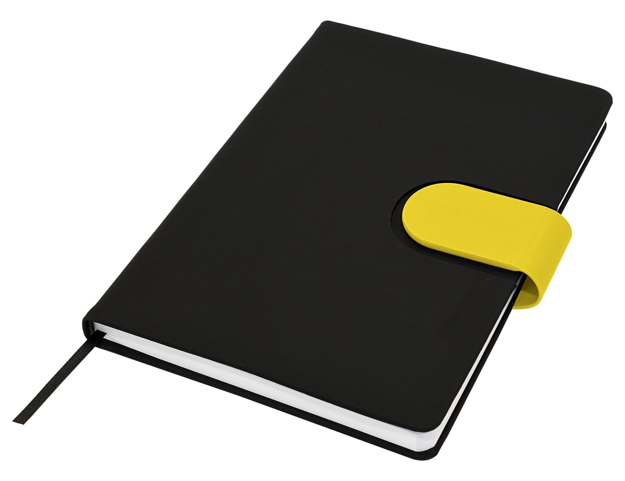 A black notebook with a yellow clasp and a ribbon bookmark. It features a logo on the cover.