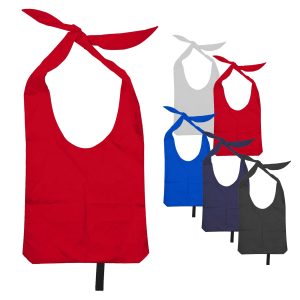 A collection of nylon sling bags in red, blue, black, grey, and navy, each with open handles and a logo.