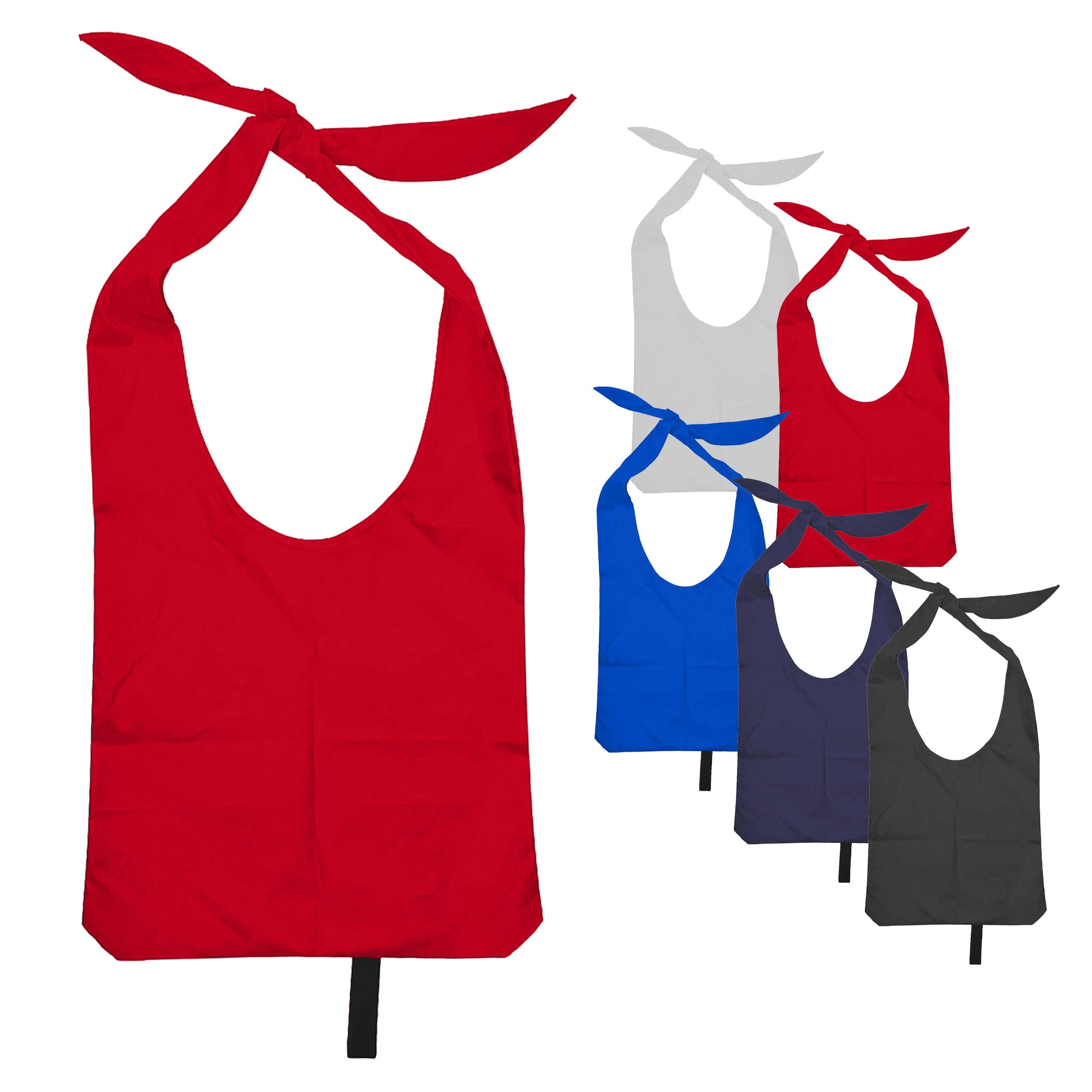 A collection of nylon sling bags in red, blue, black, grey, and navy, each with open handles and a logo.