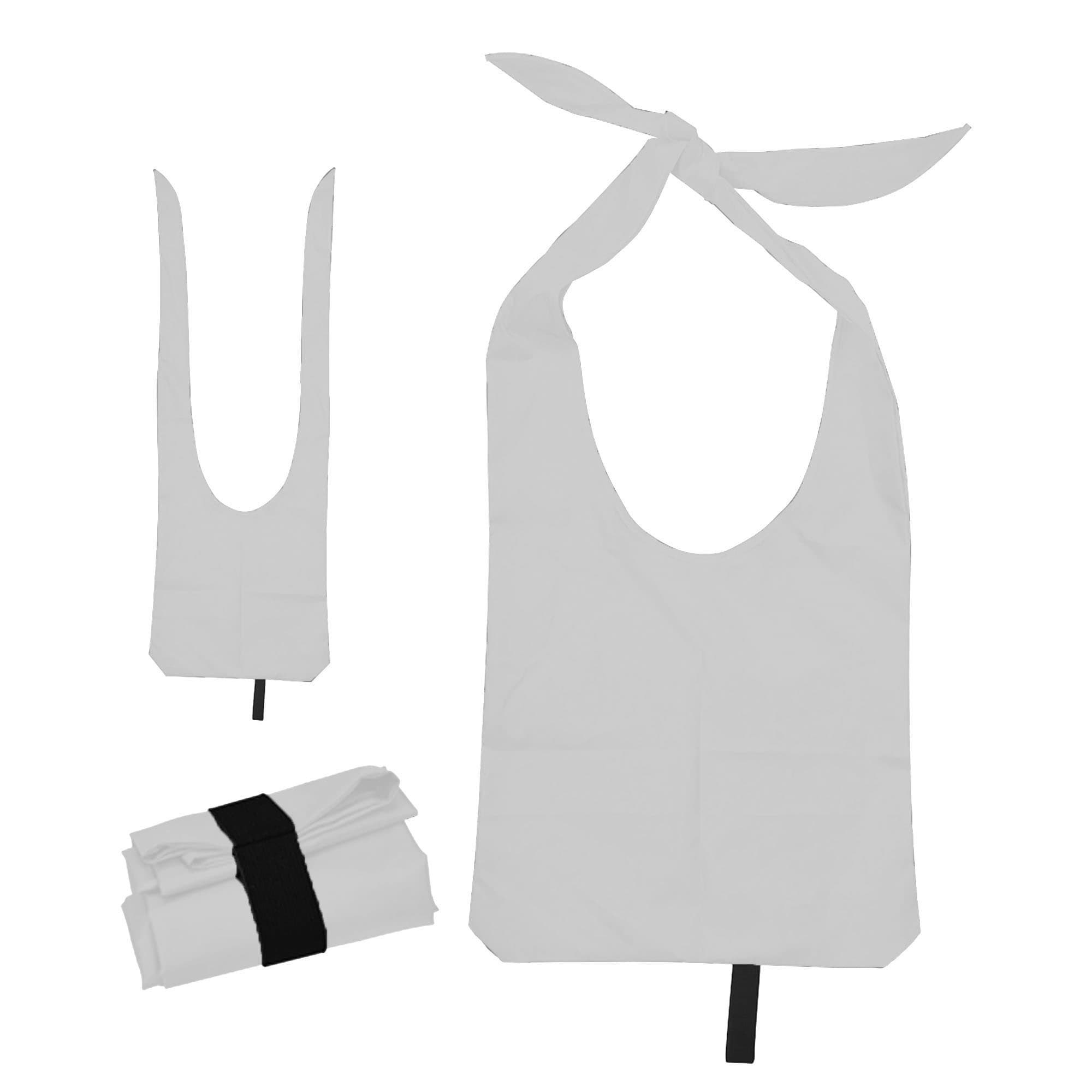 A white nylon sling bag with open handles, displayed in three configurations, including a folded version.