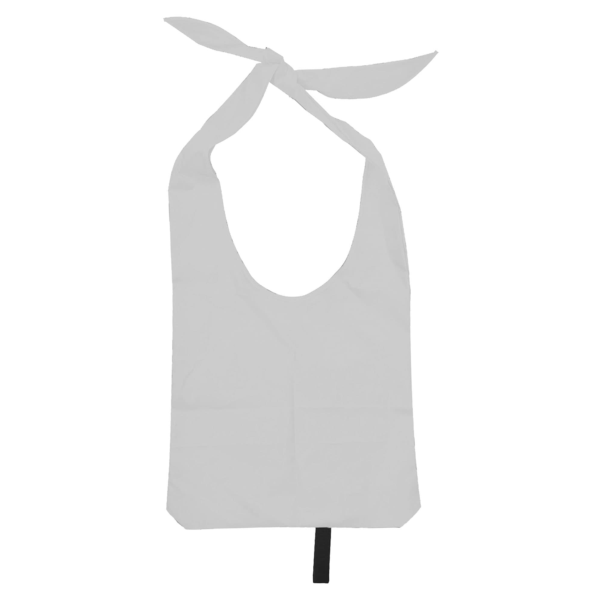 A white nylon sling bag with open handles and a tie closure. It features a logo on the front.