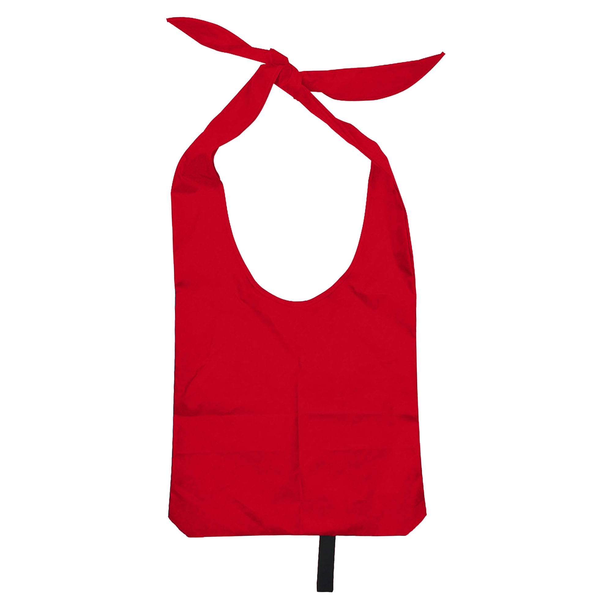 A red nylon sling bag with open handles and a tied design at the top, featuring a logo.
