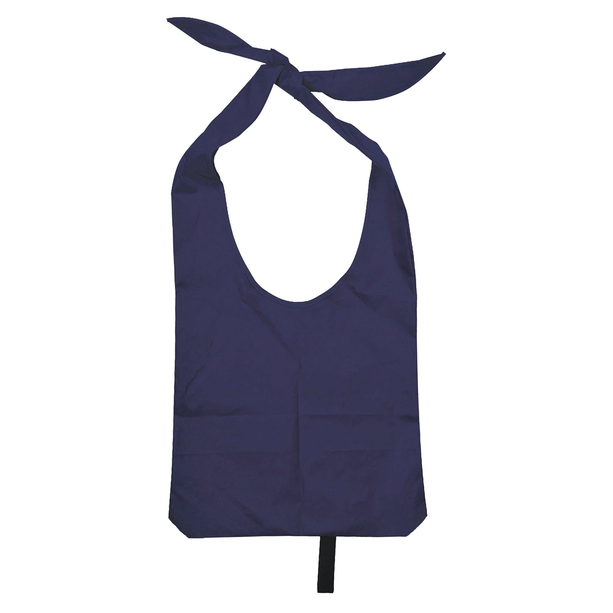 A navy nylon sling bag with open handles and a tied top. It features a logo.