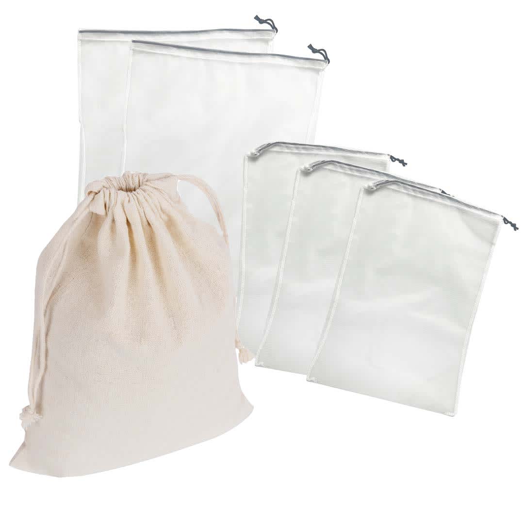 A set of nylon mesh produce bags in white, including one larger drawstring bag and four smaller bags.