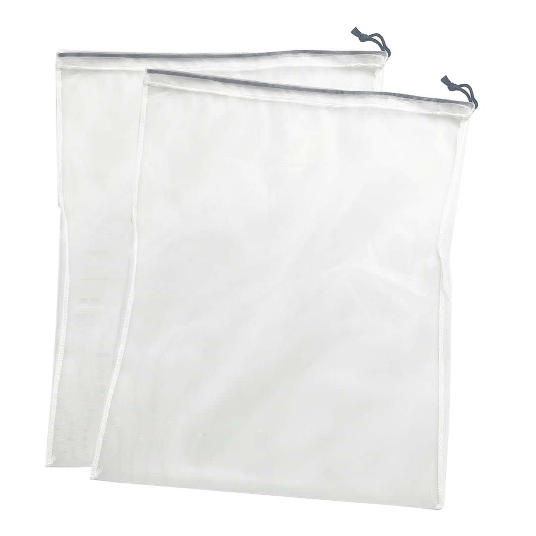 Two clear nylon mesh produce bags with drawstring closures, featuring a lightweight and breathable design.