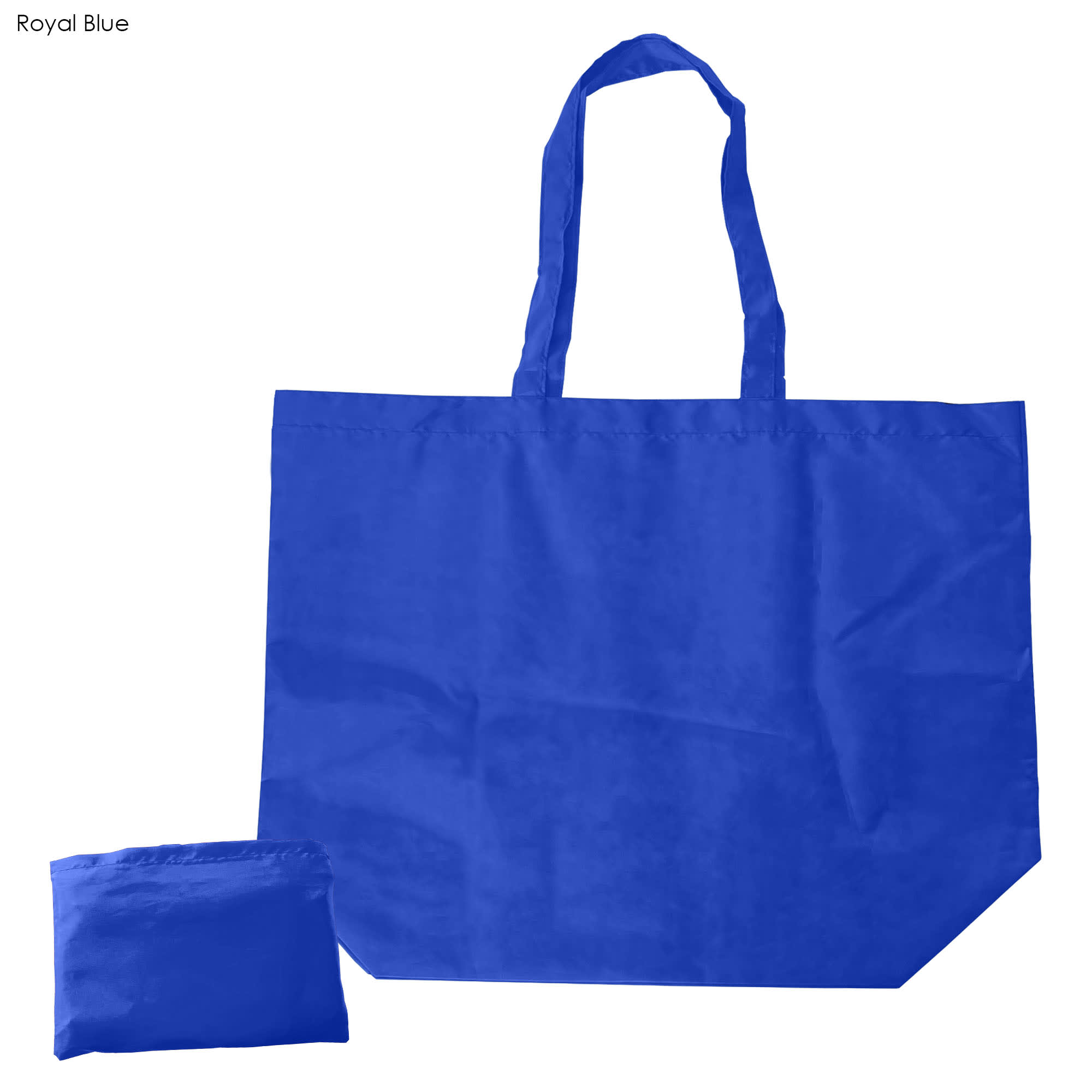 A royal blue foldaway shopping bag with shoulder straps and a matching pouch for storage. Features a logo.