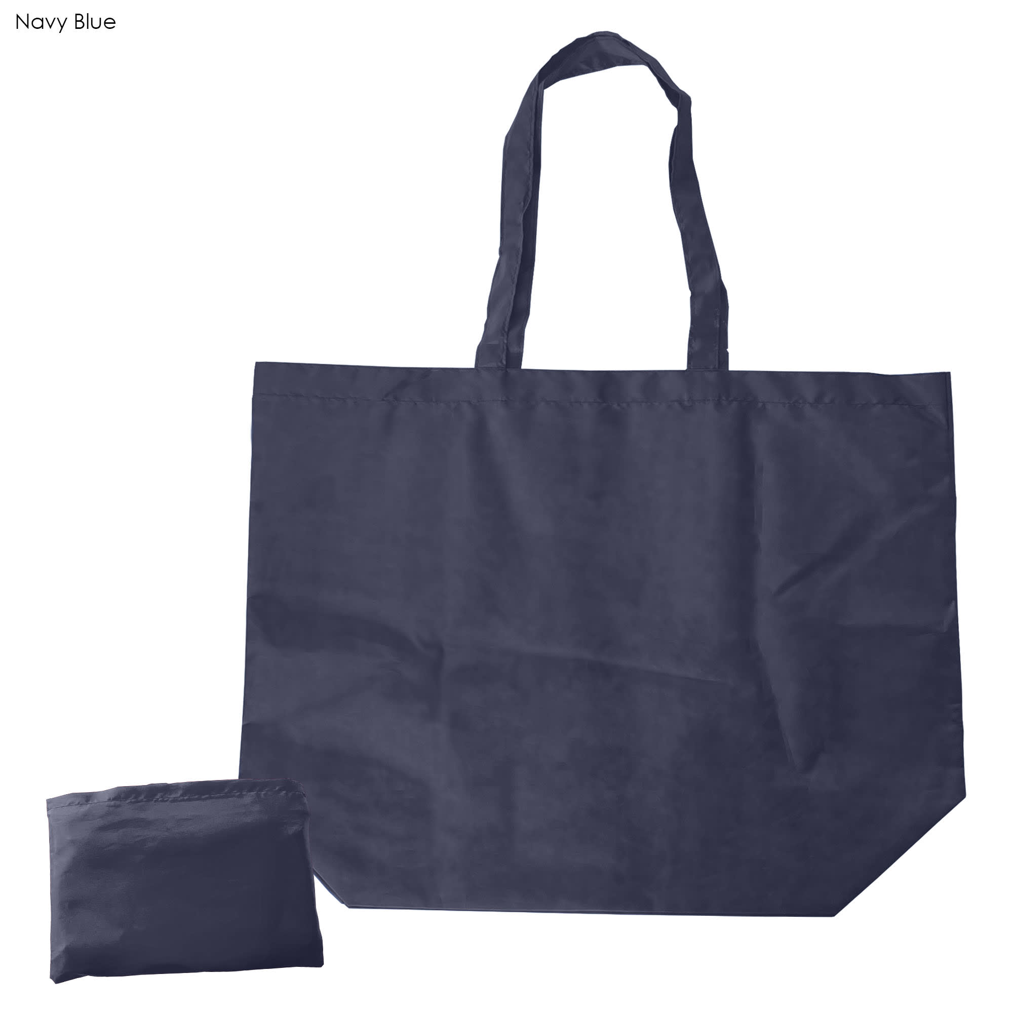 A navy blue nylon foldaway shopping bag, displayed opened and folded into a compact size. It includes handles and has a logo.