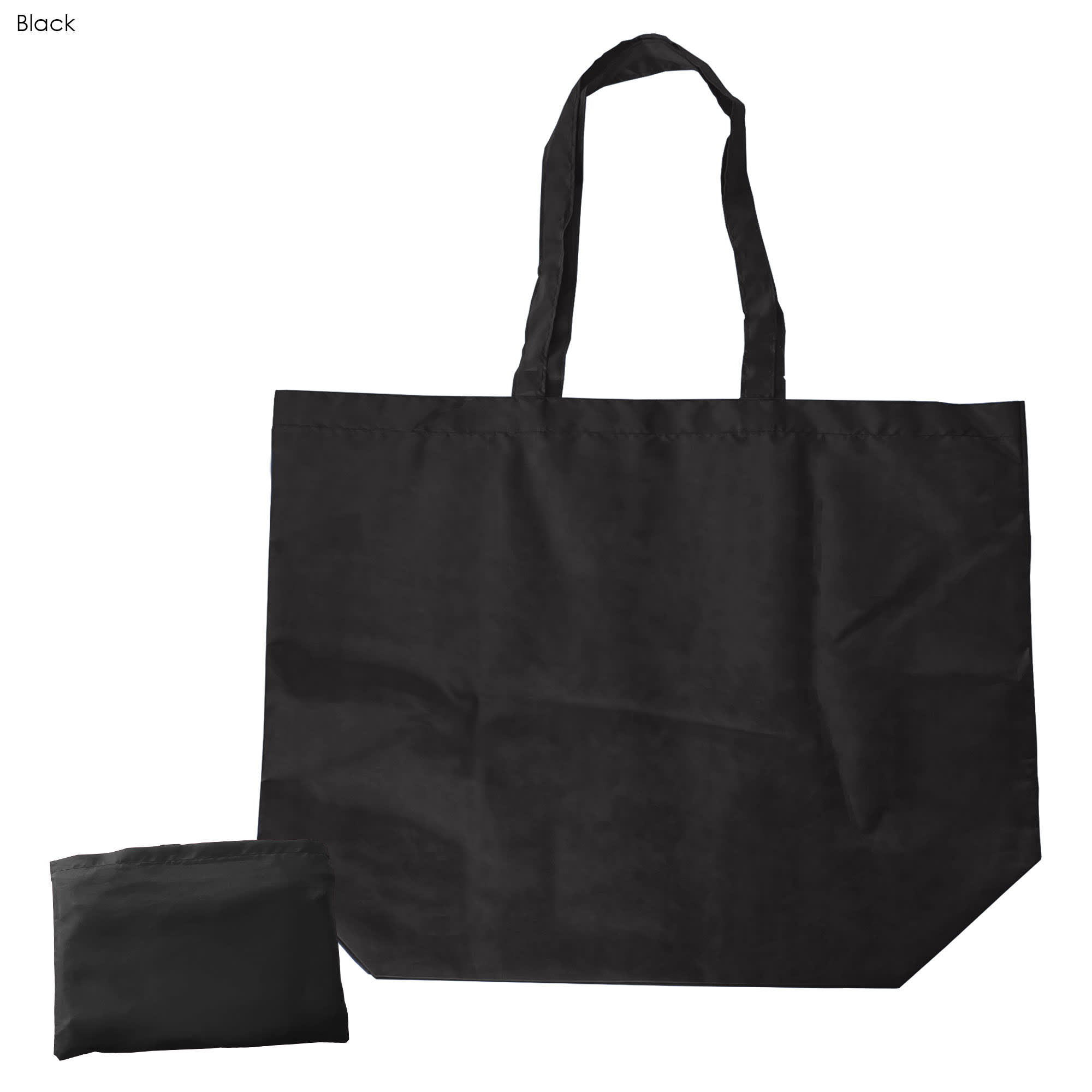 A black nylon foldaway shopping bag with two handles and a compact folding option. It has a branding logo.