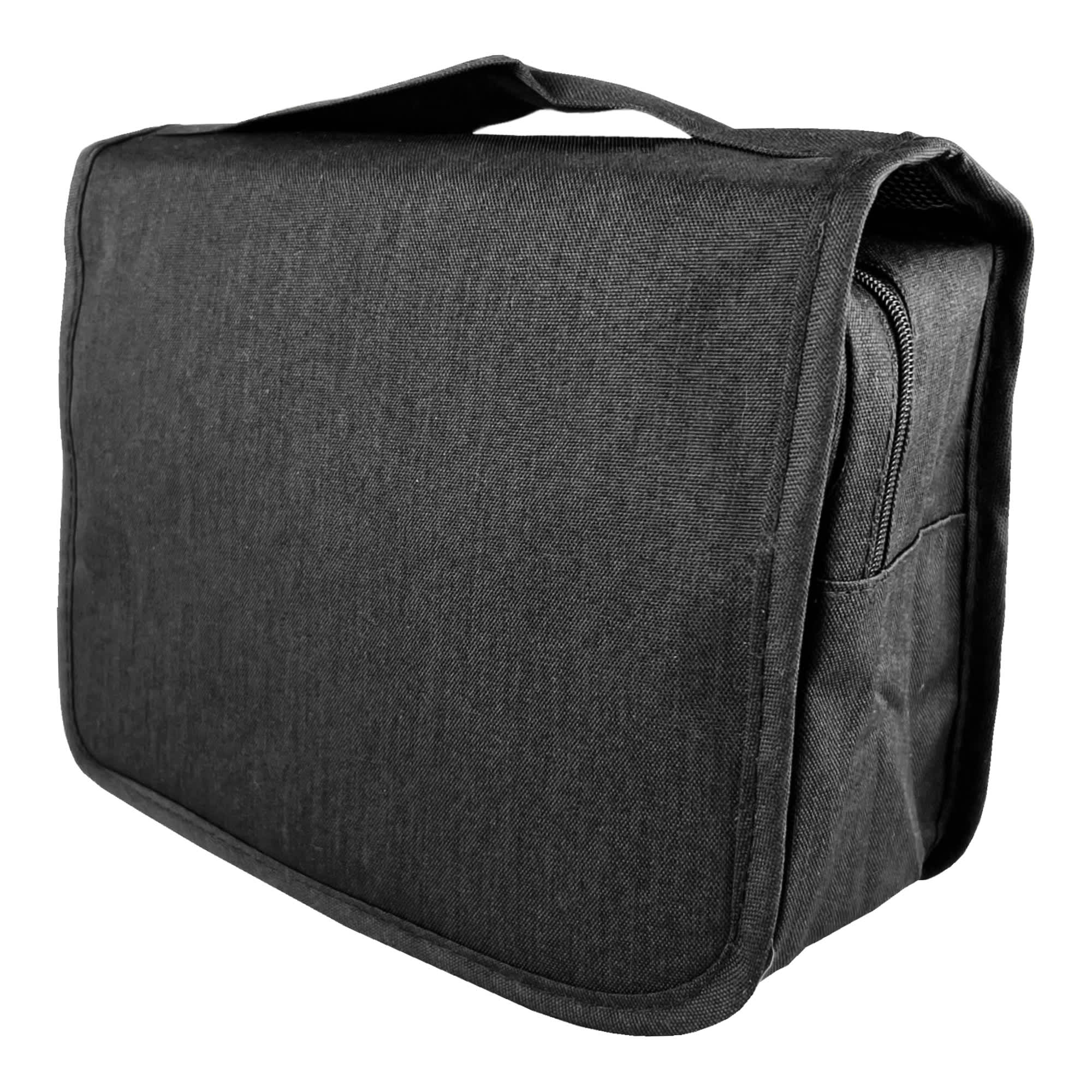 A grey toiletry bag with a flap closure and a handle, featuring a zippered compartment and a logo.