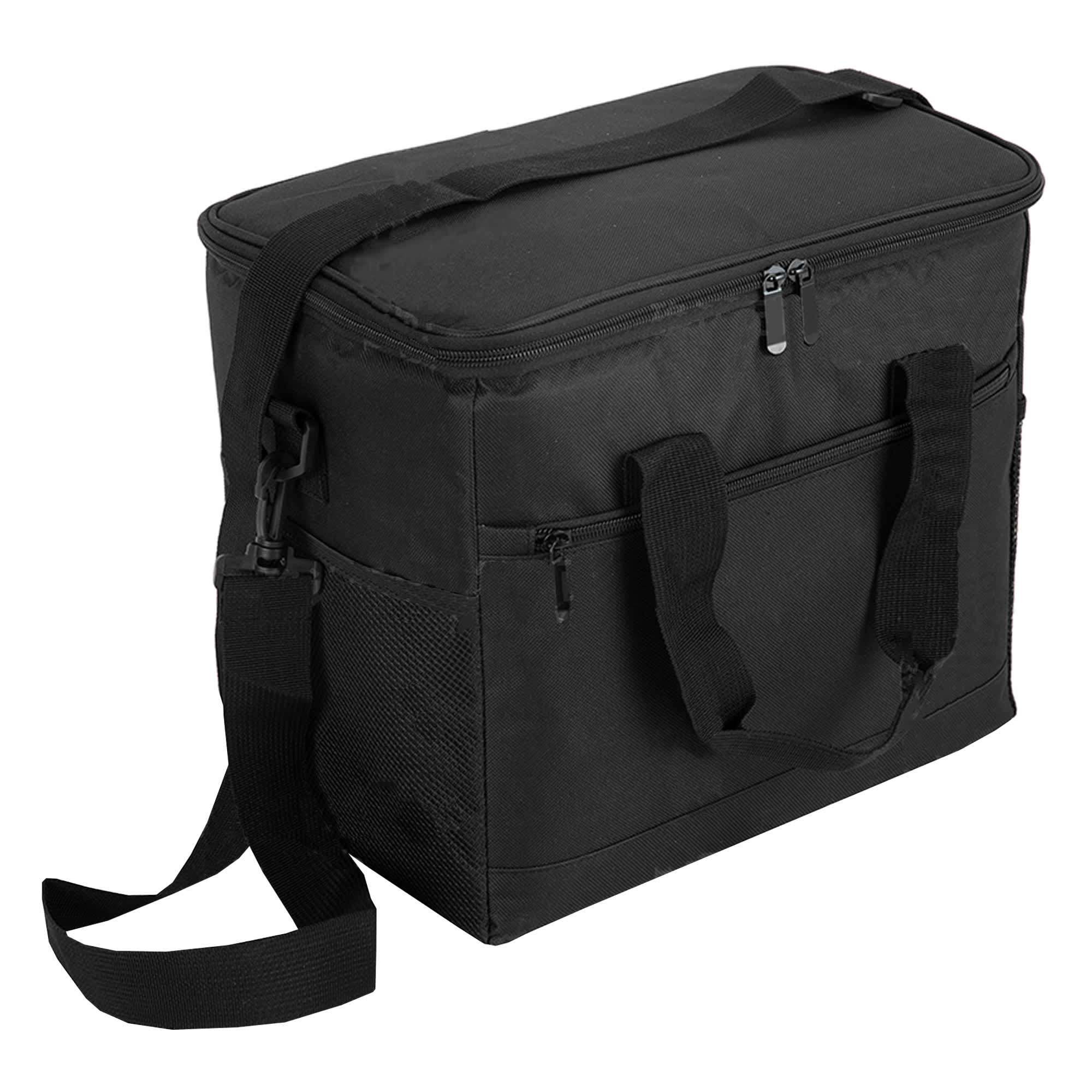 A black nylon cooler bag with a zip closure and adjustable shoulder strap. It features side mesh pockets and a logo.