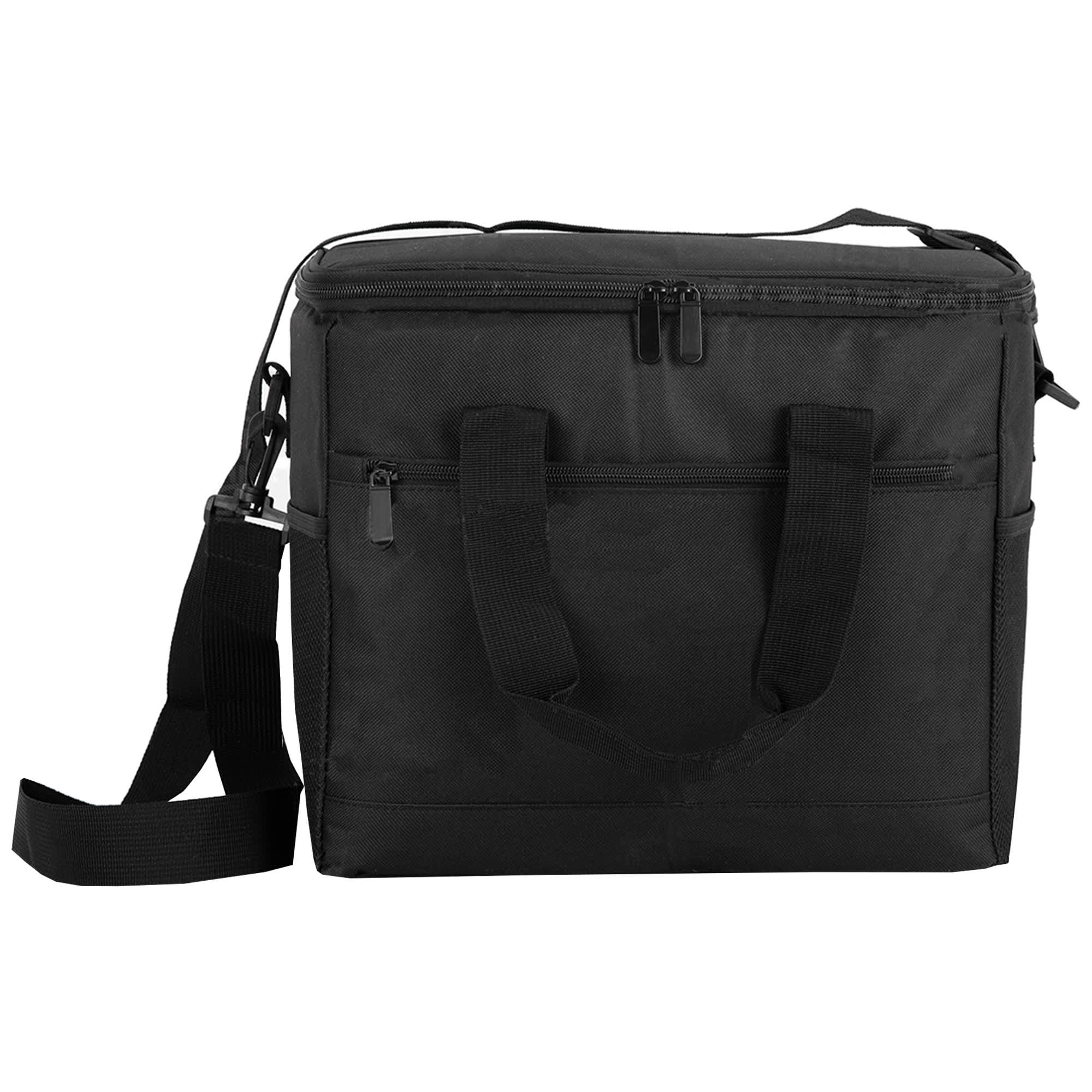 A black cooler bag featuring dual handles and a detachable shoulder strap, with a zippered main compartment and front pocket.