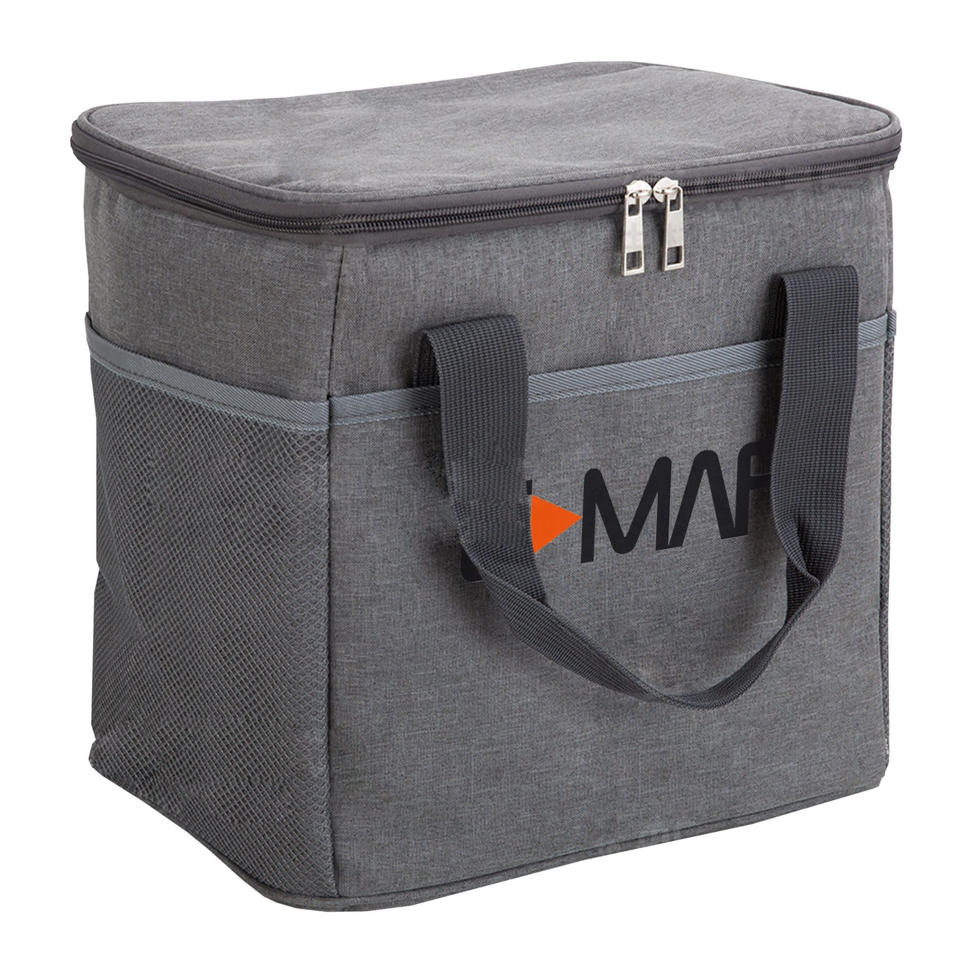 A grey nylon cooler bag with two handles and a mesh side pocket, featuring a logo on the front.
