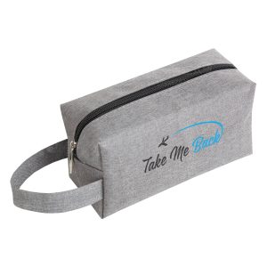 A grey nylon cosmetic bag with a zip closure and a carrying handle, featuring a logo on the side.