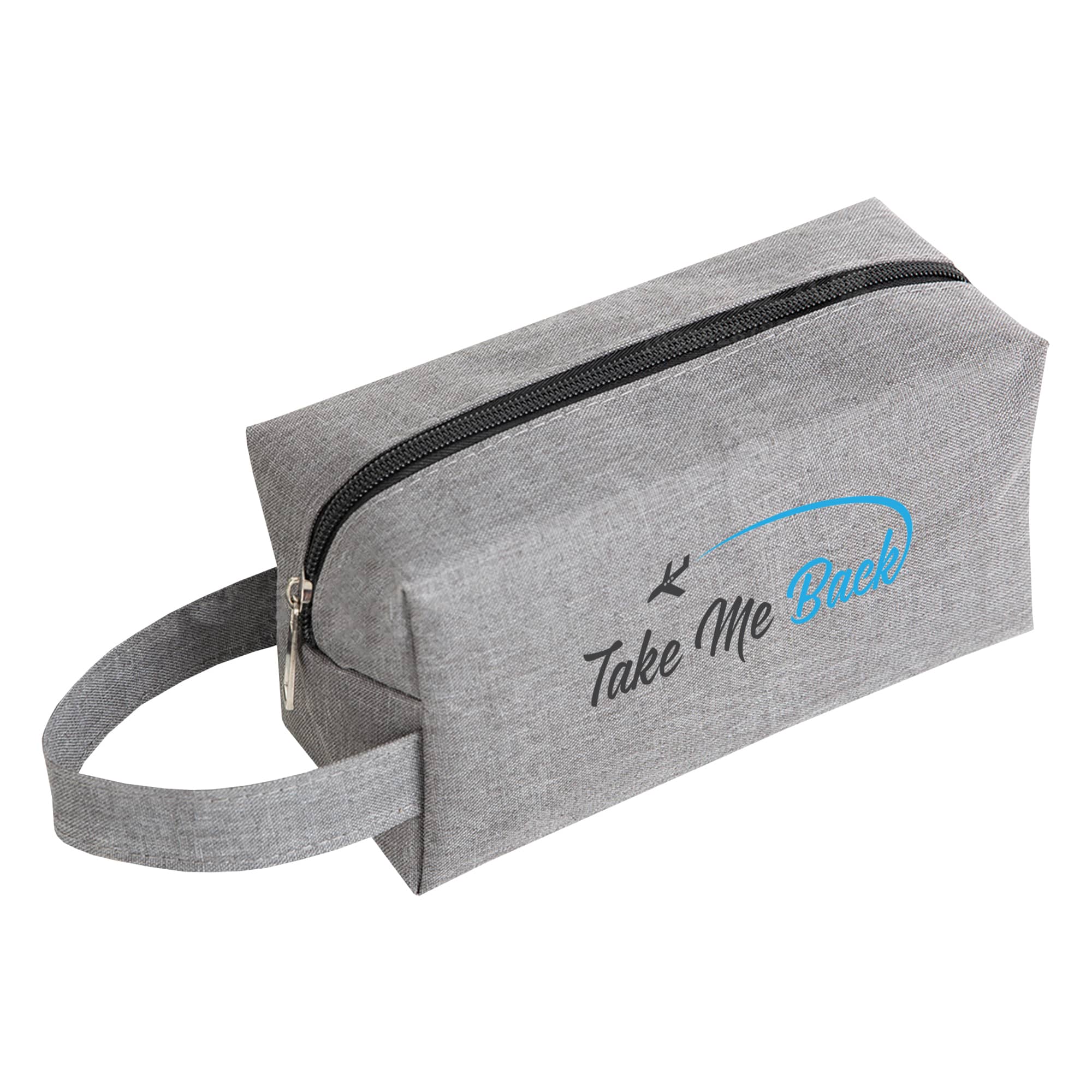 A grey nylon cosmetic bag with a zip closure and a carrying handle, featuring a logo on the side.