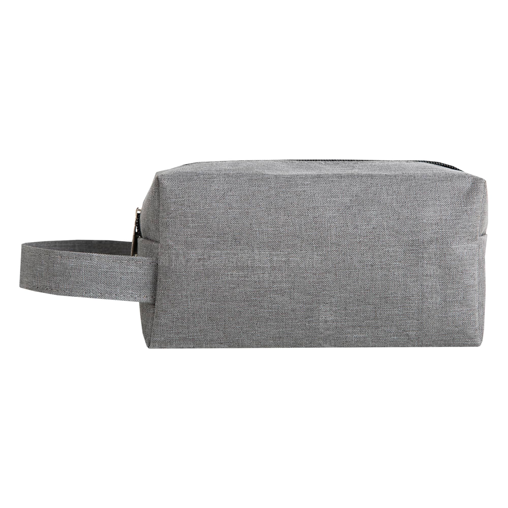 A grey nylon premium cosmetic bag with a zipper and a side handle, featuring a simple design and a logo.