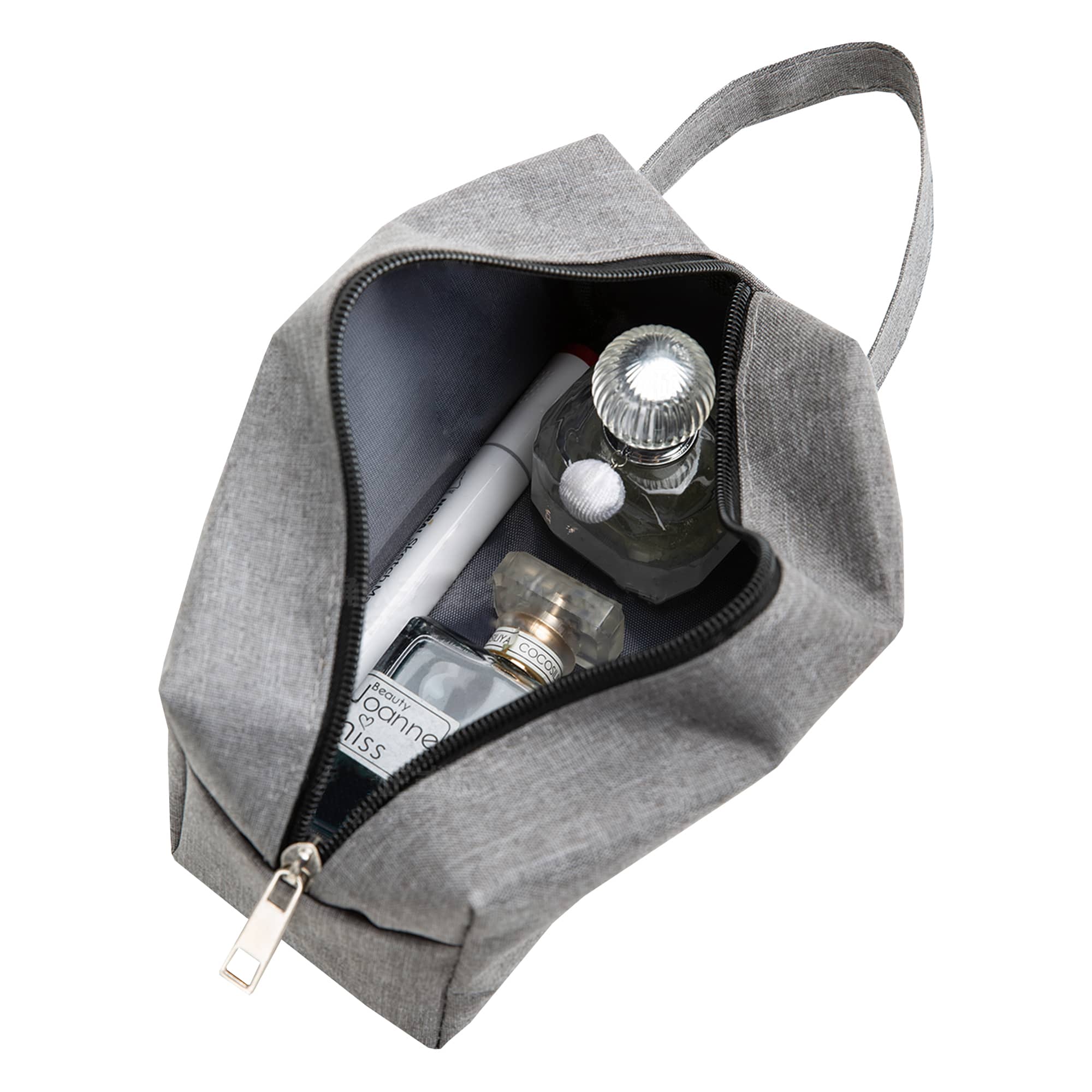 A grey nylon cosmetic bag unzipped, revealing perfume bottles and a pen inside. It features a handle and logo.